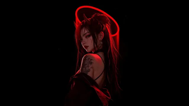 Devil girl emerging from blackness with small horns, red rim light, and an ominous halo