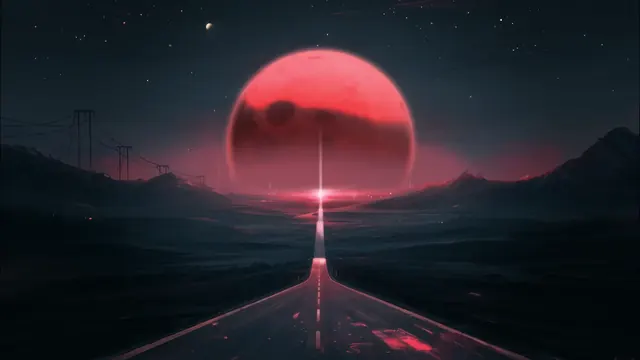 Empty night road through dark fields beneath a giant red moon