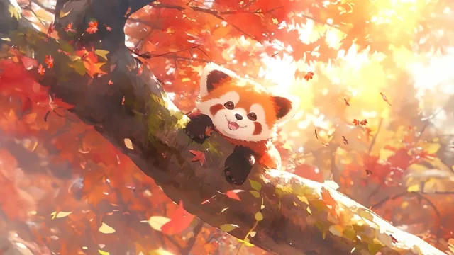 Red panda resting on a tree branch among crimson autumn leaves.