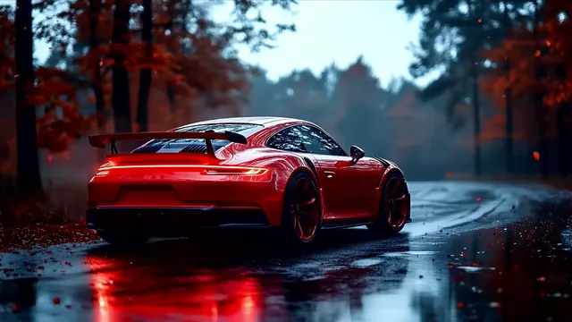 Red Porsche GT3 on a wet forest road with fallen leaves