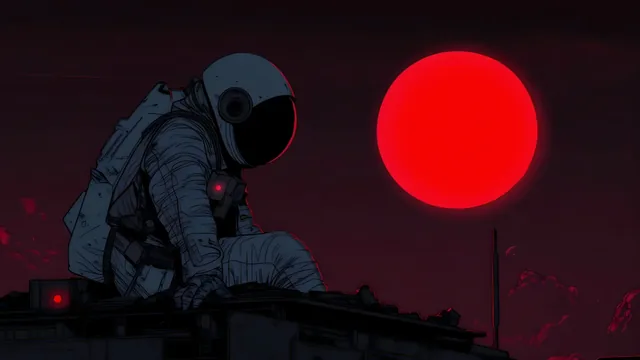 Lone astronaut leaning beneath a glowing red sun in dark space