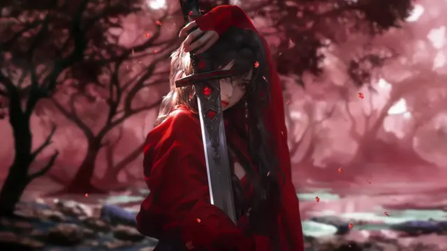 Red-clad fantasy warrior holding a blade among crimson petals and dark trees