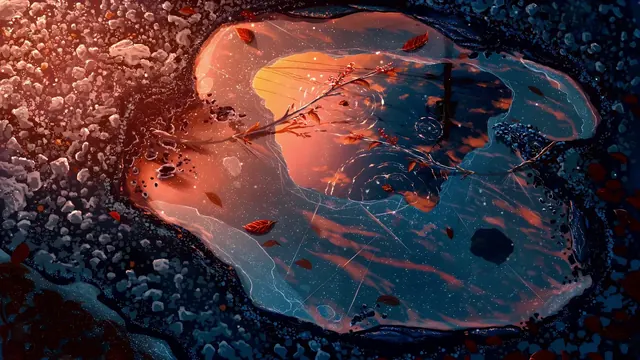 Autumn leaves and sunset colors reflected in a rippled puddle