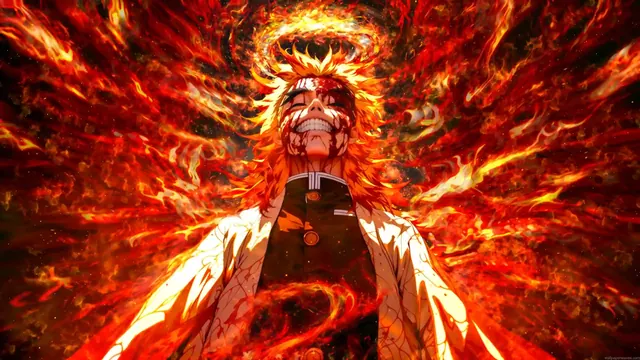 Kyojuro Rengoku using Flame Breathing in a Demon Slayer wallpaper