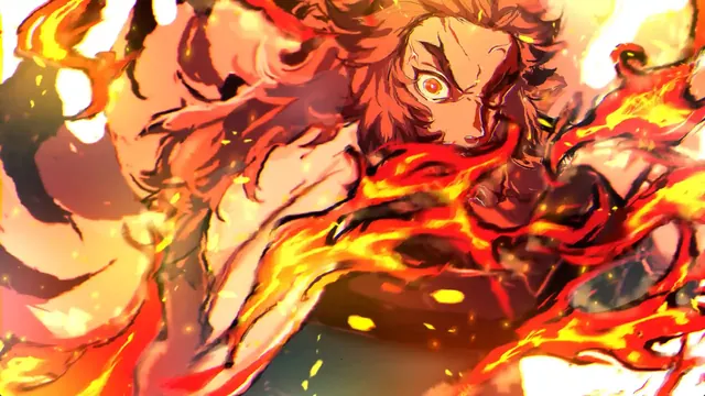 Rengoku framed by his fiery Ninth Form attack from Demon Slayer