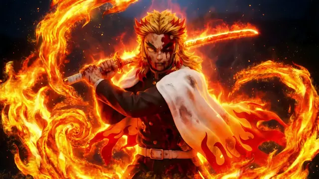 Kyojuro Rengoku standing among bright flames and glowing embers