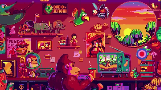 Pixel-art retro gaming room filled with Donkey Kong-inspired collectibles and arcade details