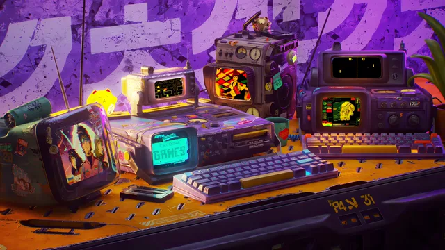 A retro-futuristic gaming rig glowing with neon cyan and magenta light and scanlines