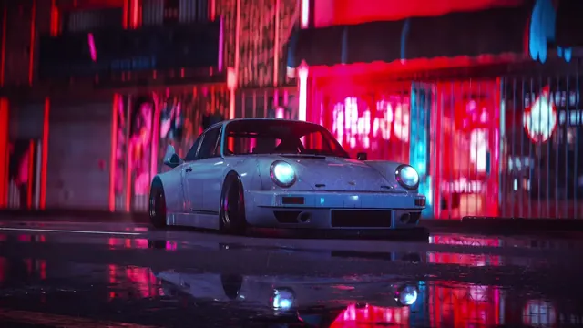 Classic Porsche 911 parked on a wet street under red and cyan neon