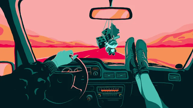 Vintage car driving down an open desert highway at sunset with palm trees and pastel mountains