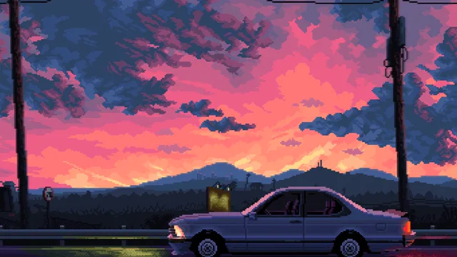 Pixel-art retro car against a sunset