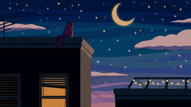Rooftop cat beneath a crescent moon in a 4K night live wallpaper