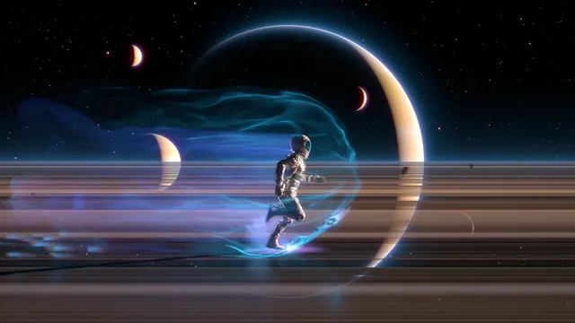 Figure running on the rings of Saturn in a 4K science-fiction wallpaper