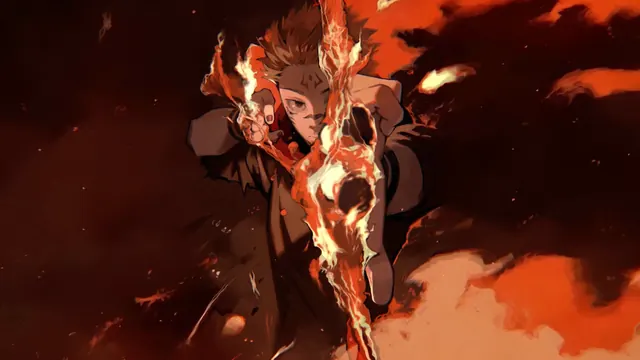 Ryomen Sukuna in a fire-led Fuga fan-art scene from Jujutsu Kaisen