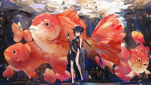 Ryuuge Kisaki surrounded by large orange goldfish in a glowing blue underwater scene