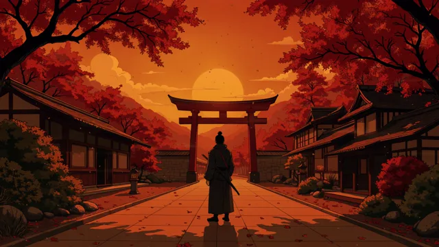 Samurai beneath a torii gate at sunset with red maple branches