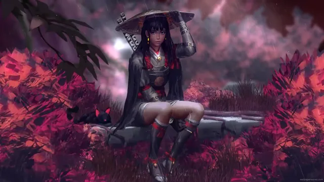 Unnamed samurai girl portrayed in a rainy fantasy setting