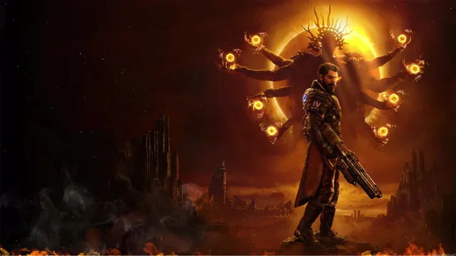 Armored figure on a distant world beneath a looming celestial body in Saros