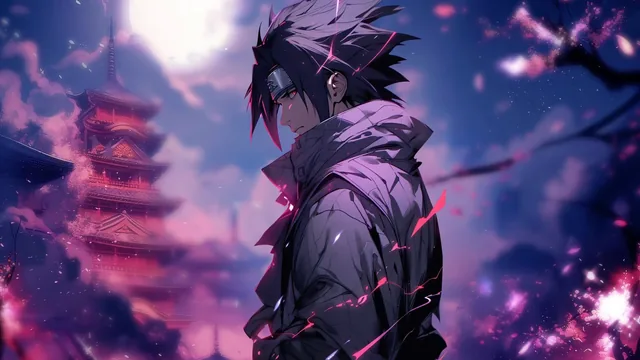 Sasuke Uchiha silhouetted beneath a full moon with falling cherry blossoms
