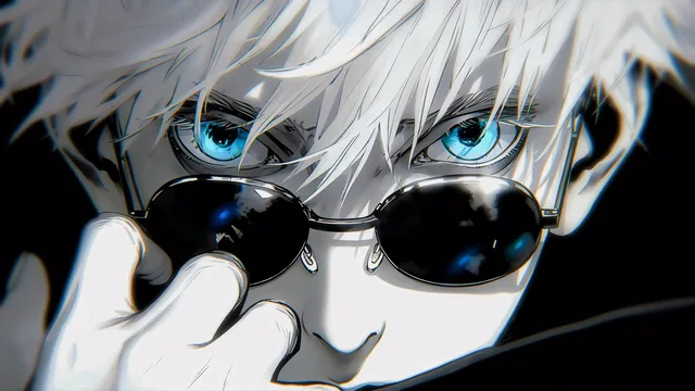 Satoru Gojo lowering sunglasses over glowing cyan eyes
