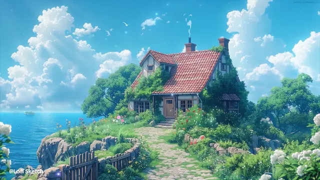 Seaside cottage surrounded by loose flowers beneath soft coastal clouds