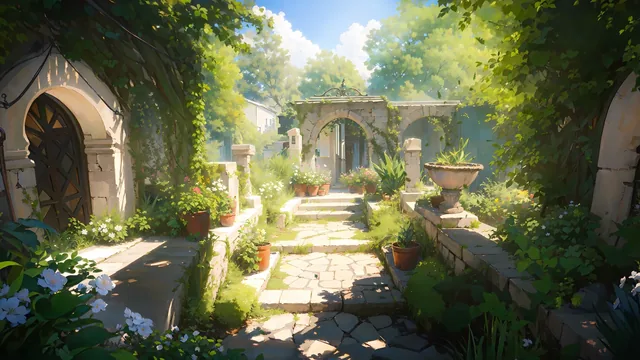 Sunlit garden path through a flower-filled courtyard with old stone walls.