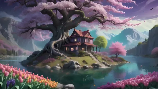 Fantasy house beside a serene sakura tree in a 4K live wallpaper
