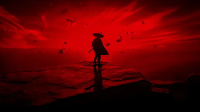 Lone shadow samurai standing beneath a red eclipse and crimson horizon
