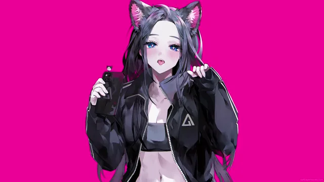 A close-up of a sharp-toothed neko girl smirking with cat ears and warm amber light