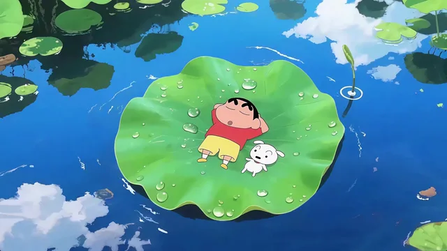 Shinchan and Shiro sleeping on a green water lily in a blue pond