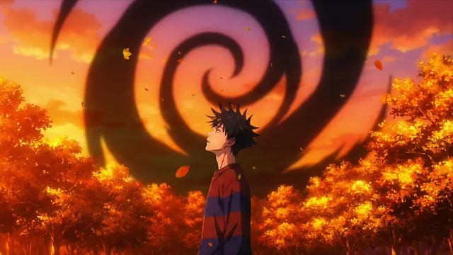 Shindou Takeshi beneath a dark energy spiral at sunset with autumn leaves drifting