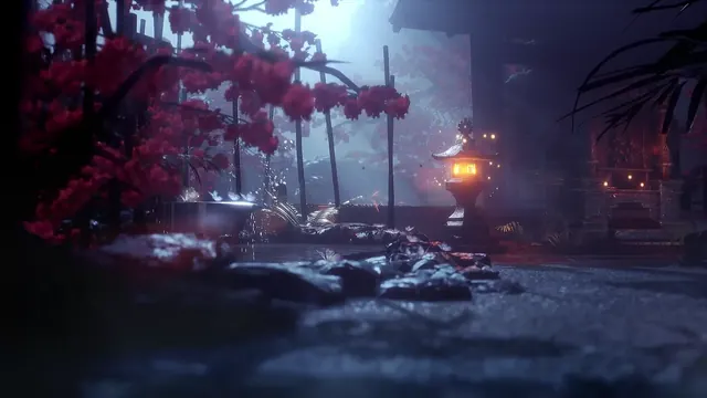 Japanese-inspired night garden with lanterns, blossoms, mist, and pond