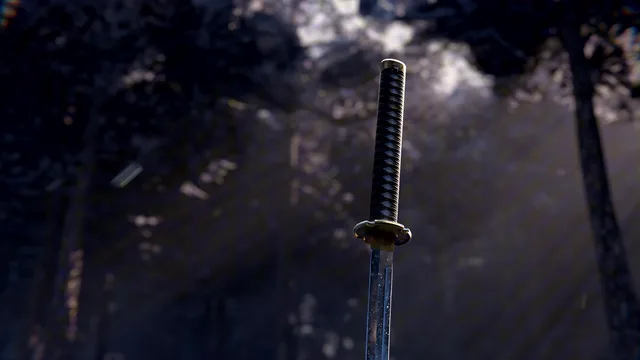 Upright katana in a shadowy forest clearing