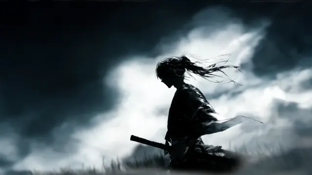 Lone samurai standing in mist beneath a stormy monochrome sky