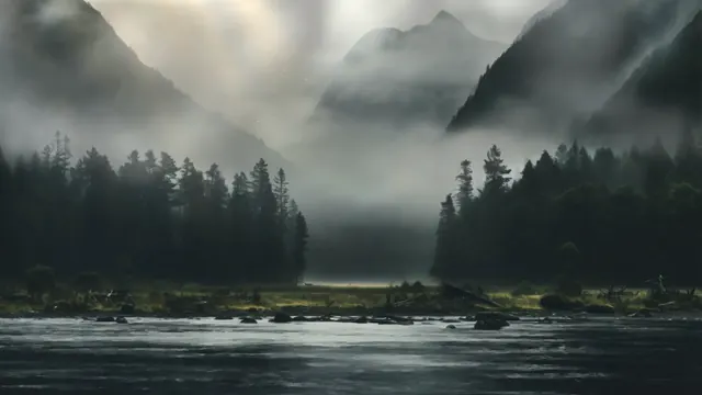Calm river in a silent valley with mountains partly concealed by dense mist