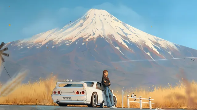Anime dreamer beside a pearl white Nissan Skyline GTR R32 on a road under Mount Fuji