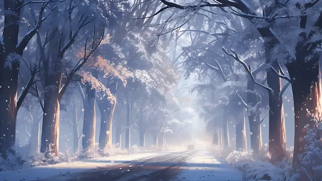 Narrow road through tall snow-covered trees with gentle snowfall