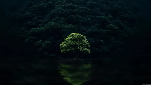A solitary tree standing within a dark forest landscape