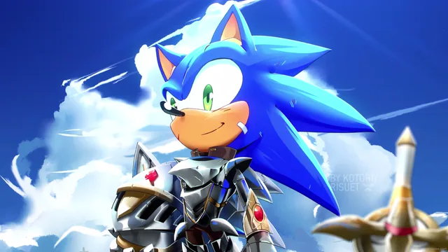 Sonic wearing knight armor beneath a bright blue sky