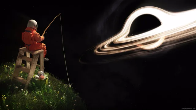 Spaceman fishing from a grassy ledge beside a luminous black hole
