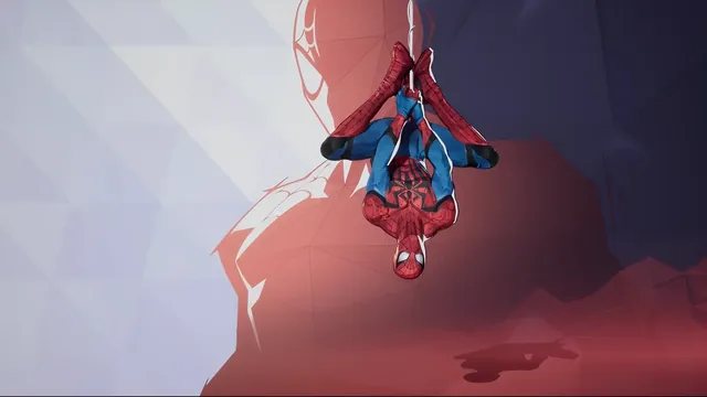 Spider-Man hanging calmly from one web line against a minimalist geometric background