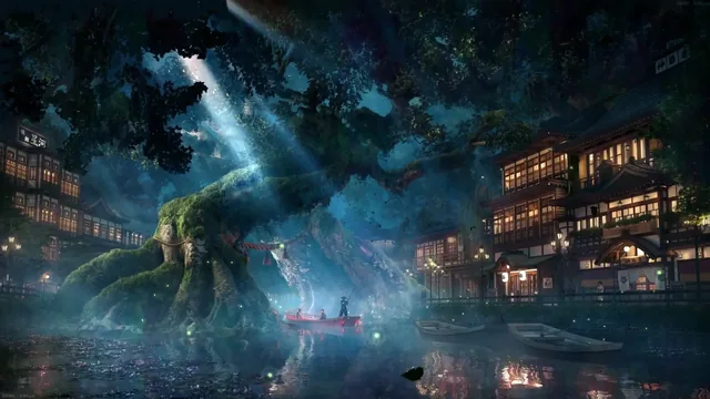 Lantern-lit village beneath a massive spirit tree reflected in calm water