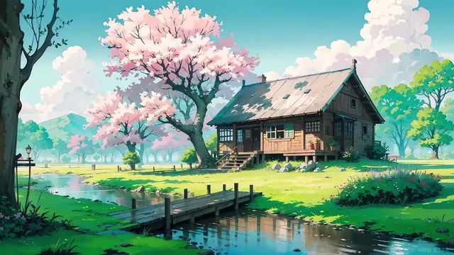 Cozy wooden house beside a calm stream surrounded by spring cherry blossoms.