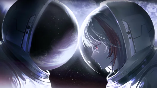 Two helmeted astronauts facing each other beneath soft starlight