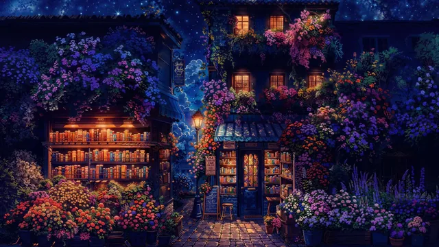 Glowing old bookshop surrounded by flowers and lanterns under a starry sky.