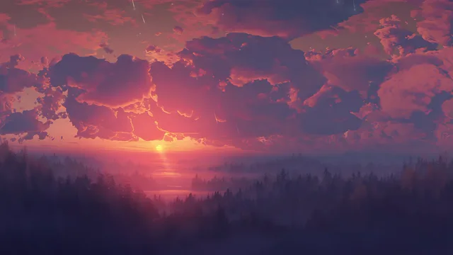 Violet and coral sunset spreading above a forest silhouette with early stars appearing