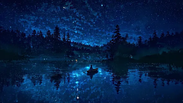 Lone figure in a canoe on a calm lake beneath a star-filled night sky.