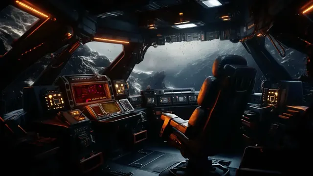 Dim starship bridge with glowing controls facing deep space