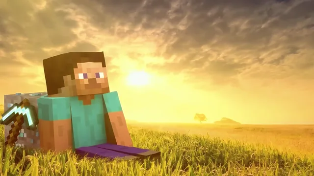 Steve from Minecraft sitting on grass beside a diamond pickaxe at sunset