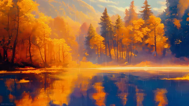 Golden autumn forest reflected in a blue lake during light rain